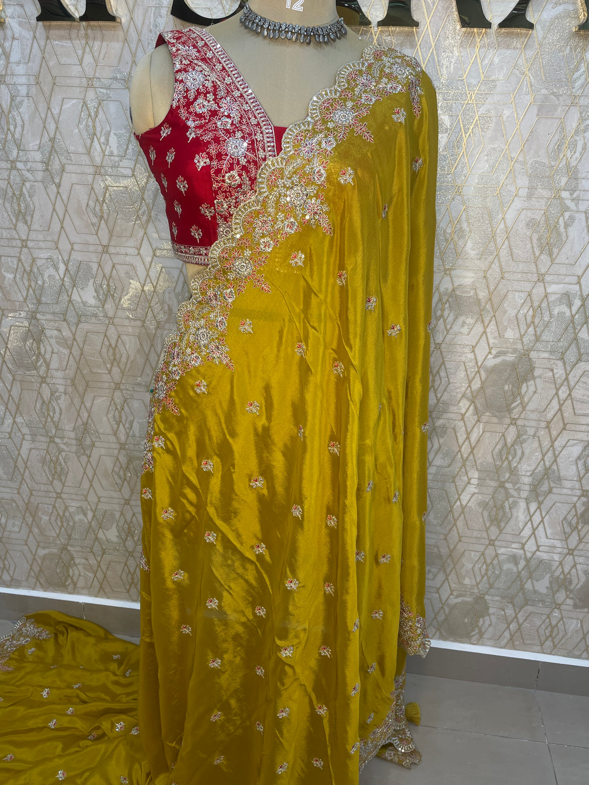 Yellow Handwork Stitched Blouse Designer Party Saree 55