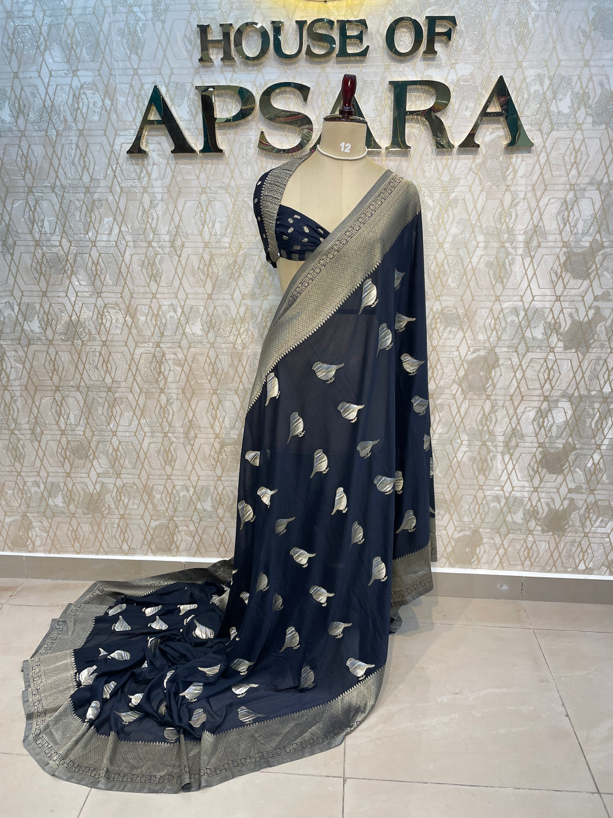 Black Chinnon Crepe Sparrow Butta Saree 67