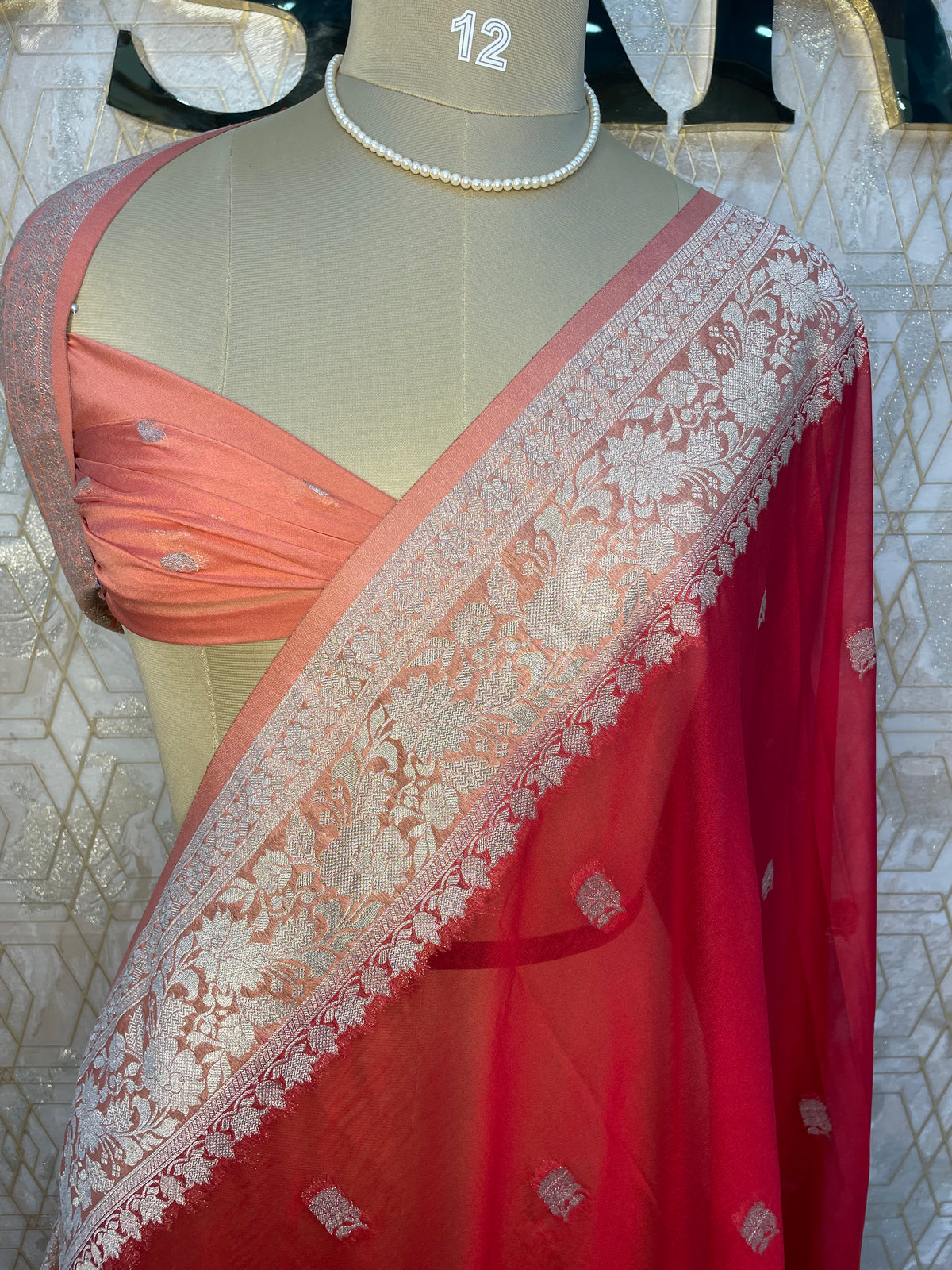 Red n Peach With Silver Zari Semi Chiffon