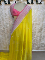 Yellow n Pink With Silver Zari Semi Chiffon