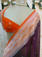 Wine n Orange With Silver Zari Semi Chiffon