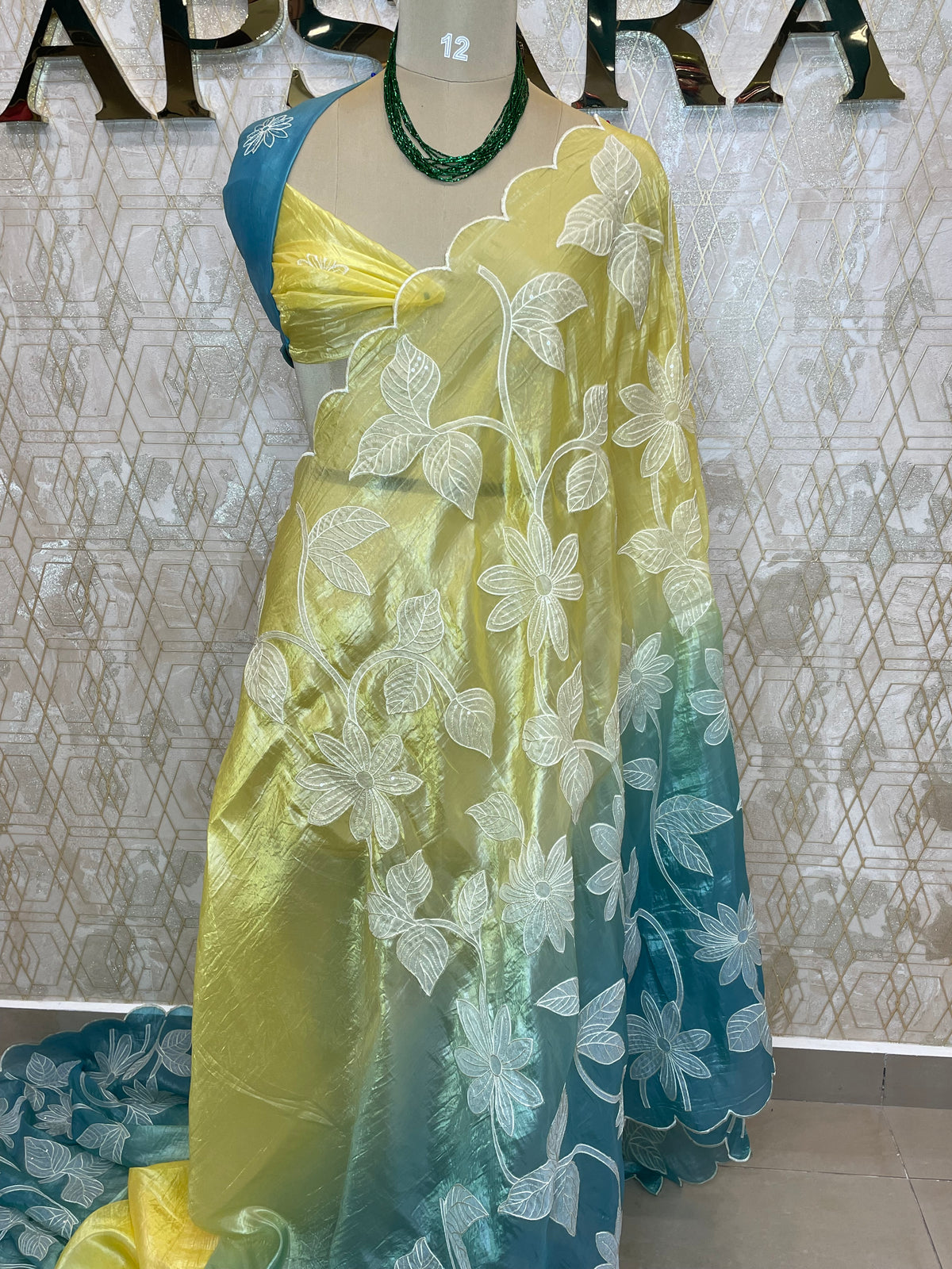 Yellow n Blue Organza Applique Work Saree 20