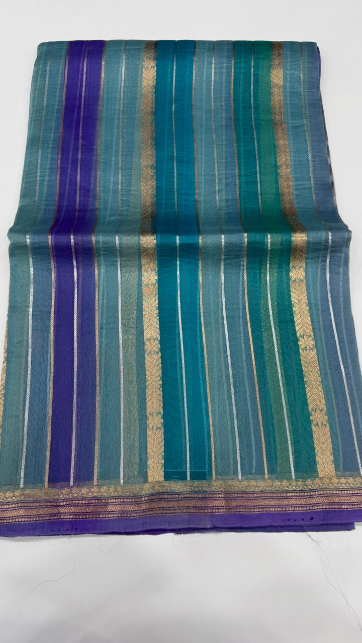 Blue Pure Rangkart Kora Stripes Organza saree 02