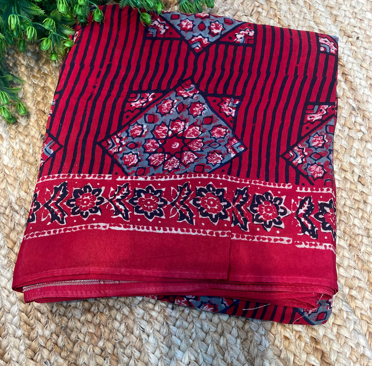 Red Dola Silk Ajrakh Print Saree 18