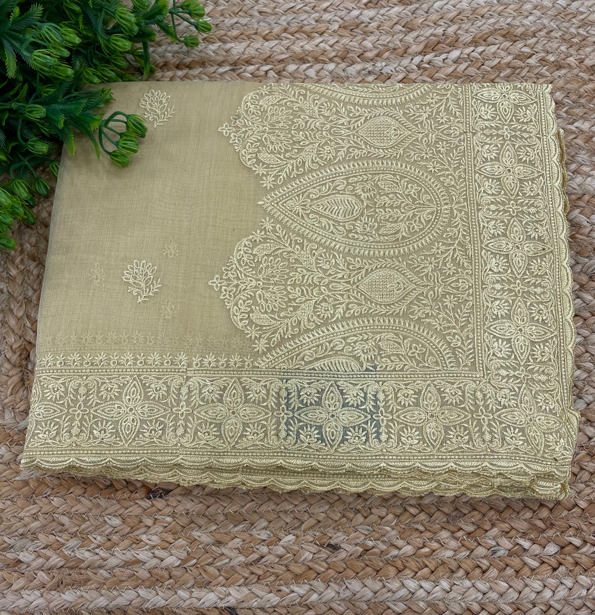 Pastel Gold Soft Tissue Embroidery Saree 17