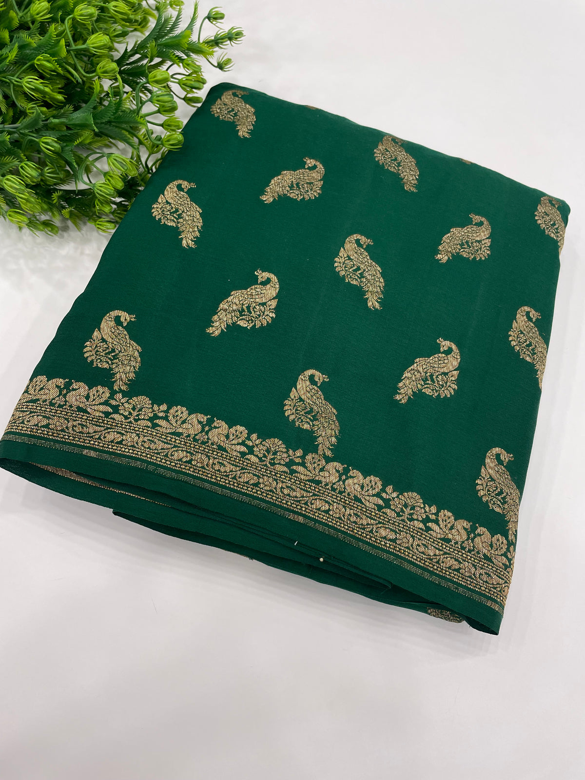 Bottle Green Pure Banarasi Crepe Self Saree 03
