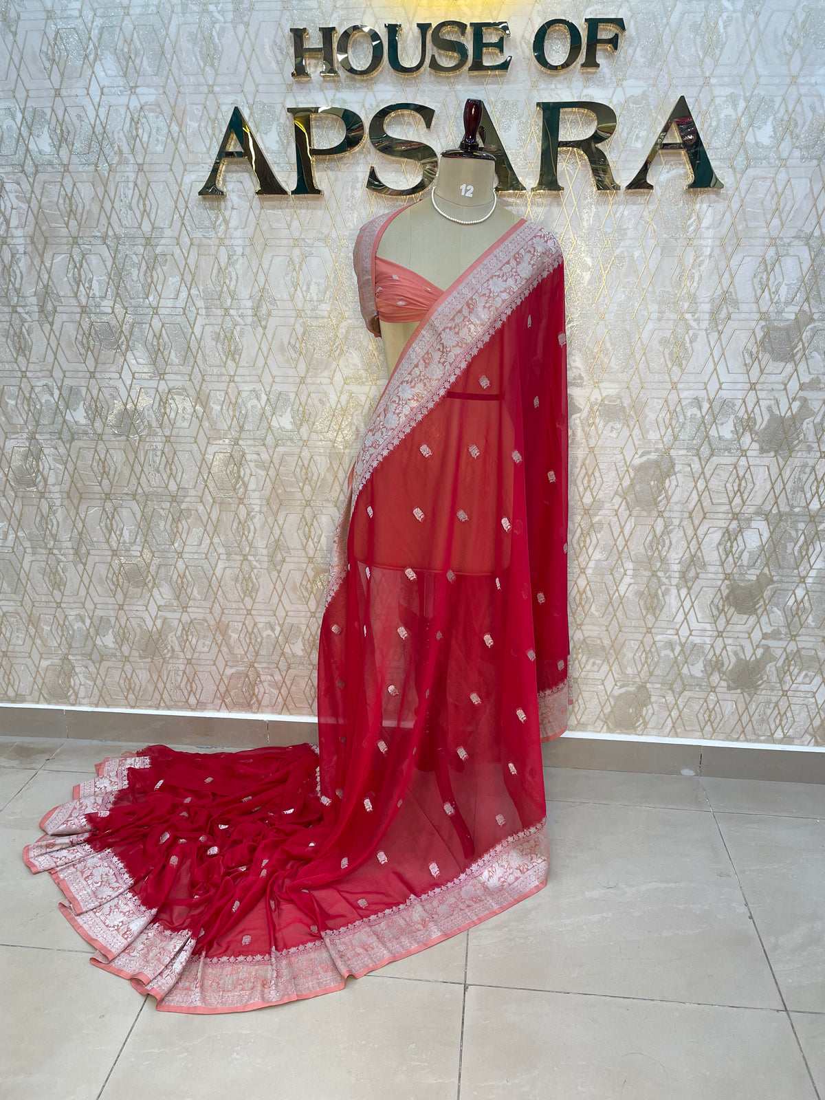Red n Peach With Silver Zari Semi Chiffon