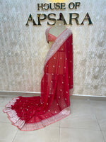 Red n Peach With Silver Zari Semi Chiffon