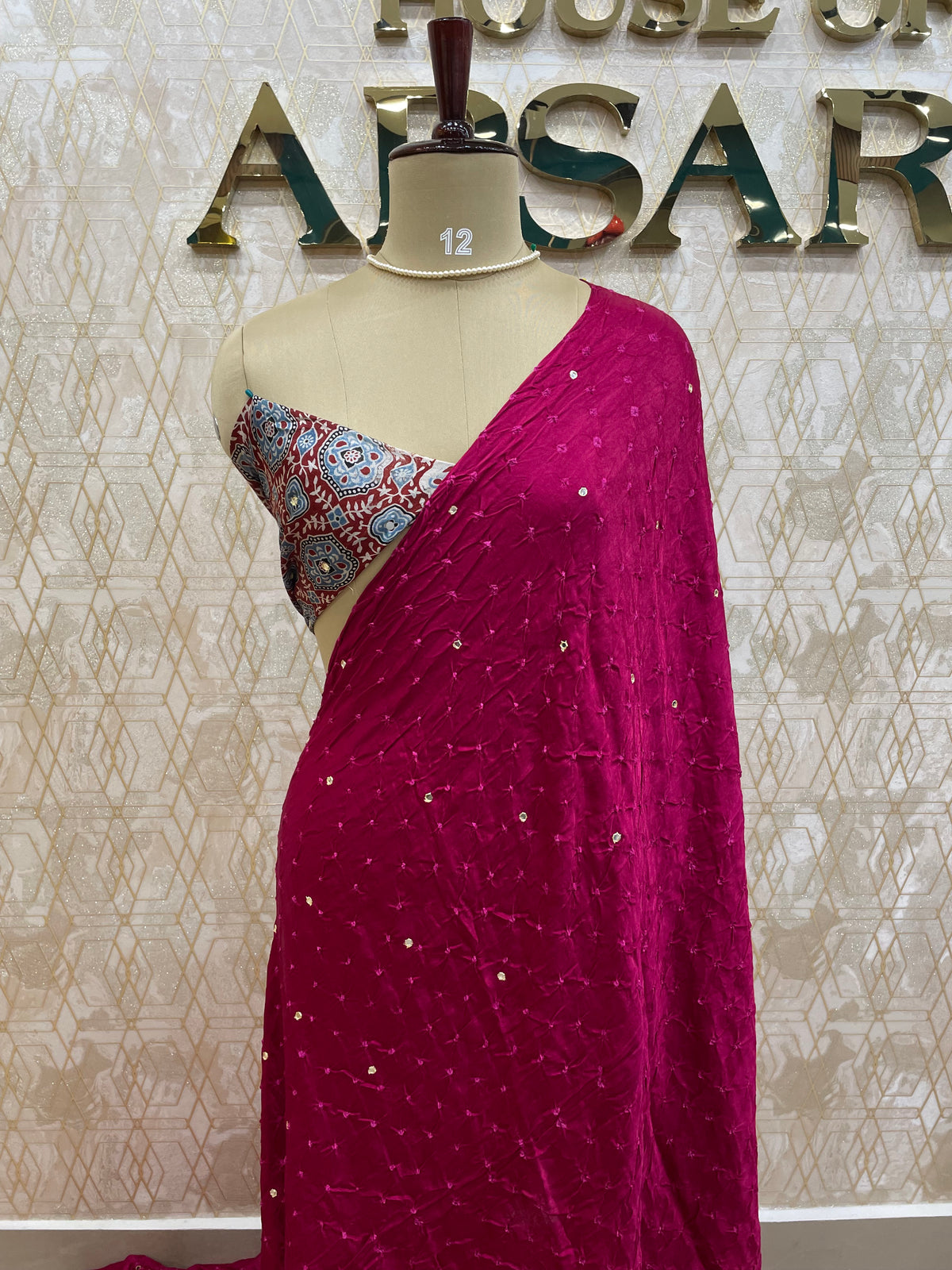 Pink Pure Modal Silk Bandhini With Mirror Saree 05