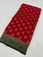 Red n Green Pure Banarasi Big Butta Crepe Saree 03