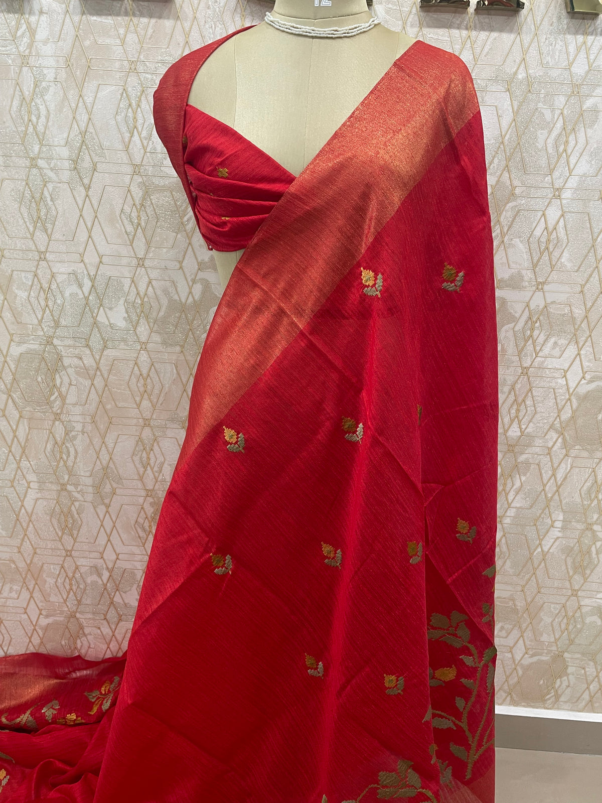 Red Tussur Petite Embroidery Saree 21