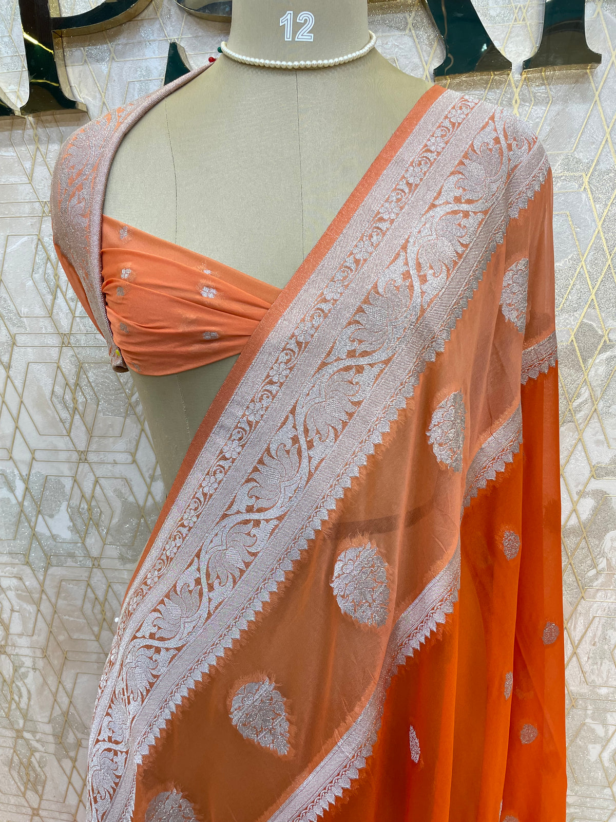 Orange n Peach With Silver Zari Semi Chiffon