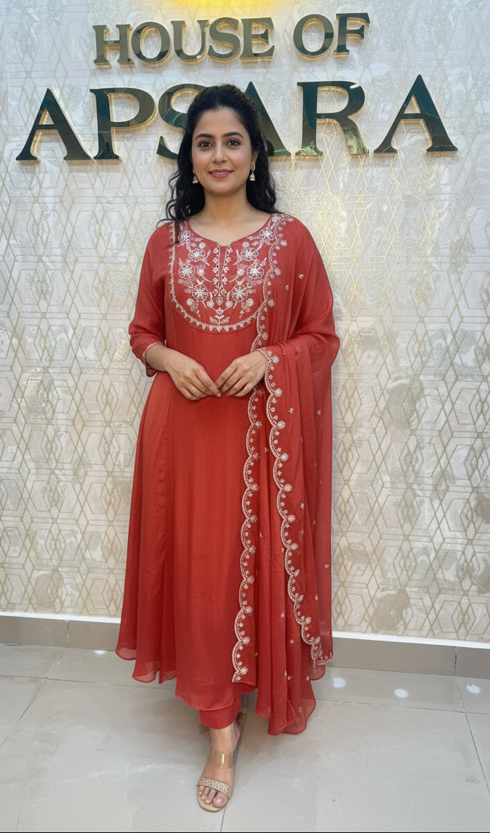 Orange Chinnon Handwork Airline Kurtha 112