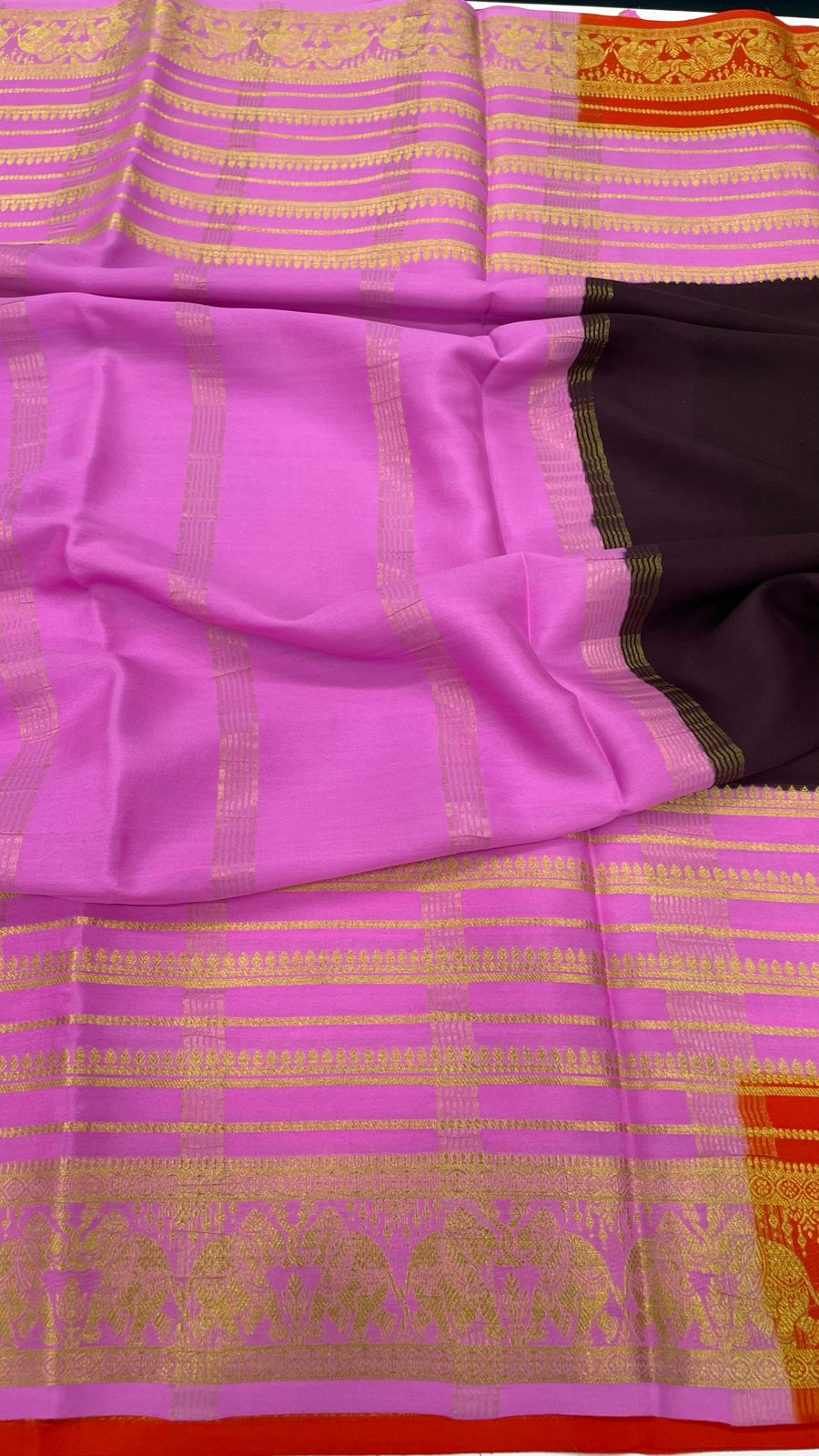 Coffee Brown n Pink 3D Pure Mysore Silk Elephant Border Crepe Saree 01