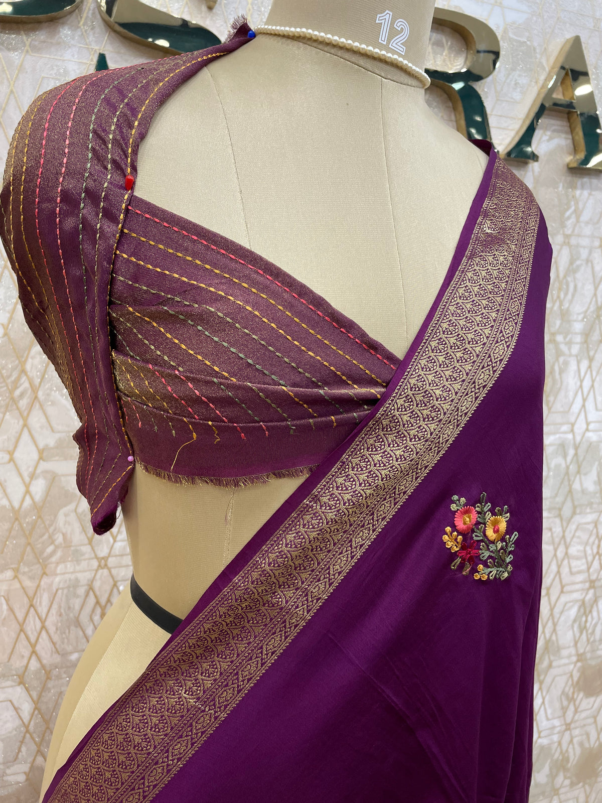 Purple Chiniya Crepe Katha Work Saree 29