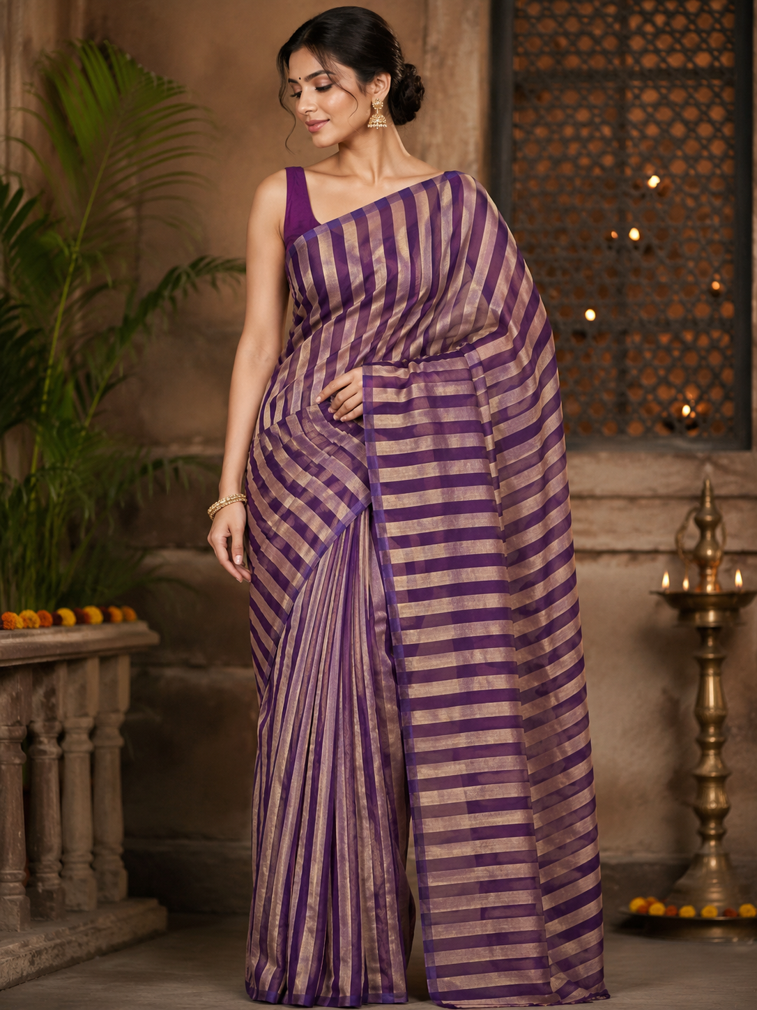 Purple Pure Tissue Stripes Saree 11