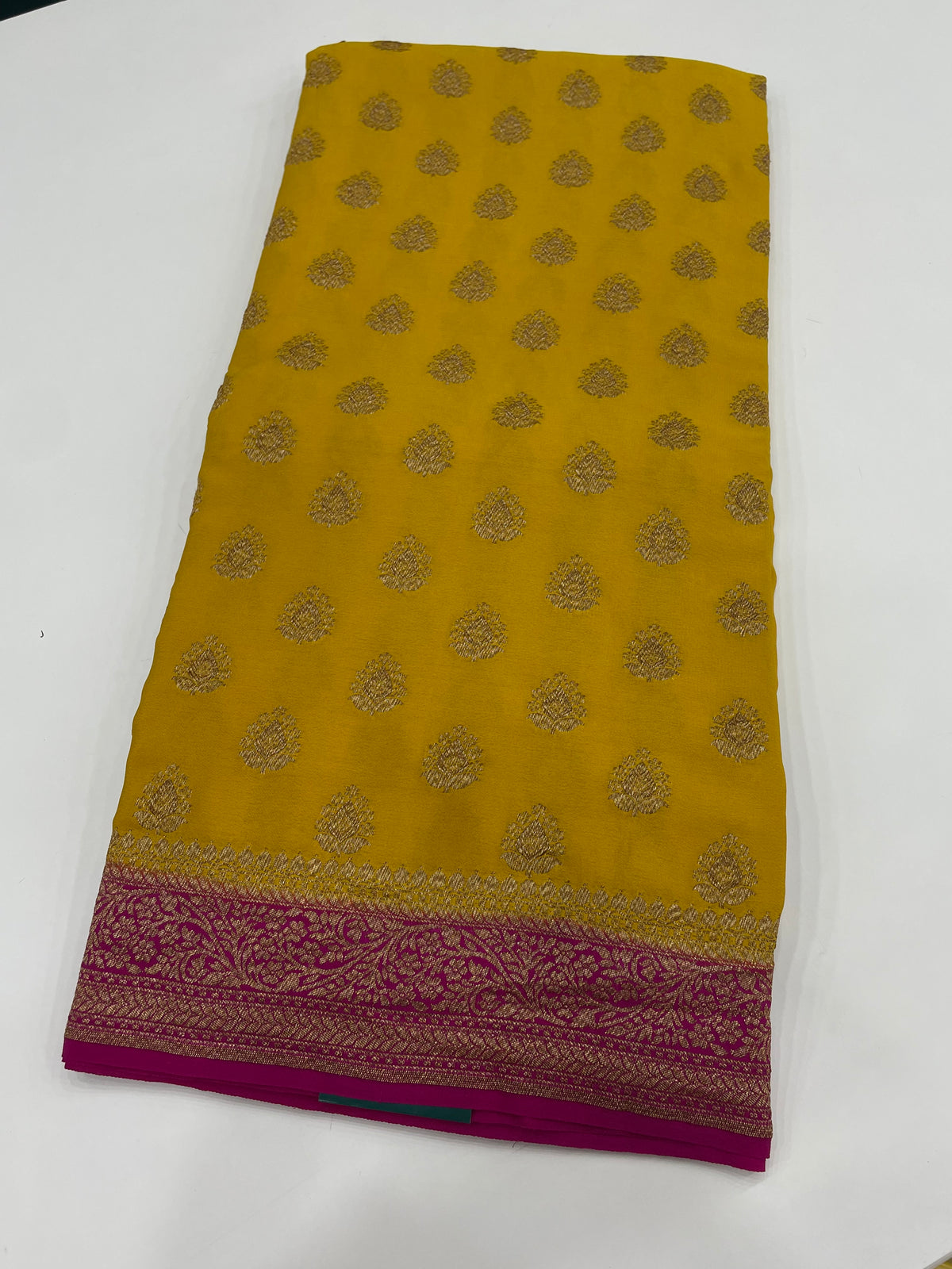 Yellow n Pink Pure Banarasi Big Butta Crepe Saree 03