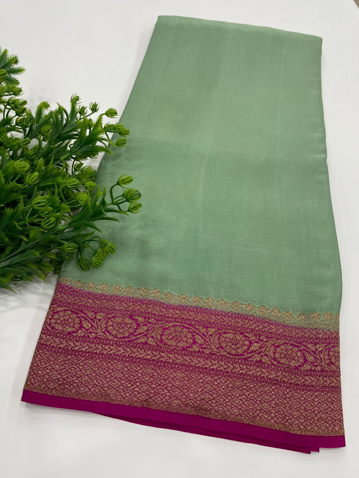 Pista Green Pure Banarasi Crepe Saree 03