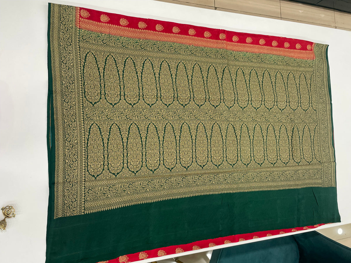 Red n Green Pure Banarasi Big Butta Crepe Saree 03