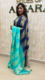 Sea Green n Blue Dual Shade Crepe n Tissue Fusion Saree 13