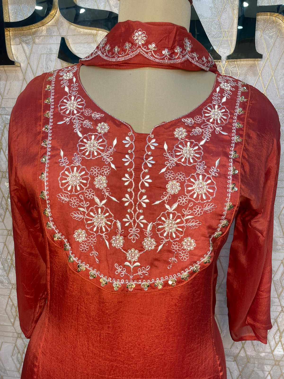 Orange Chinnon Handwork Airline Kurtha 112