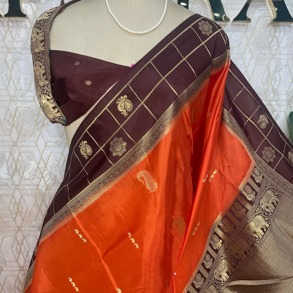 Orange n Brown Dola Crepe Vintage Border Saree 310