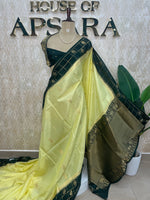 Lemon Yellow n Bottle Green Dola Crepe Vintage Border Saree 310
