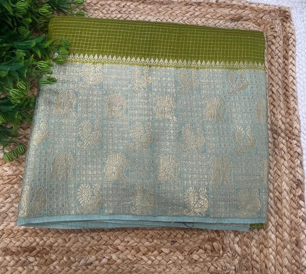 Olive Green n Blue Checks Cotton Silk Saree 13