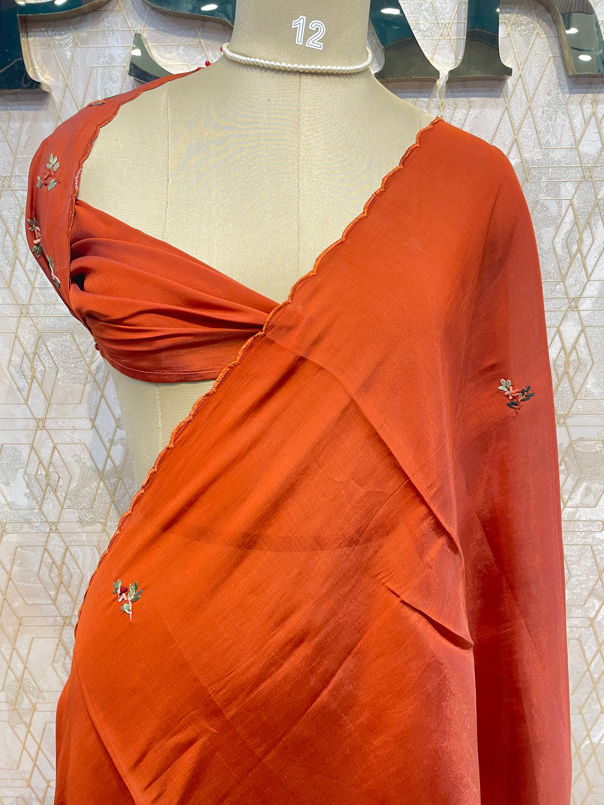 Orange Thread Embroidery Work Mul Chanderi Silk Saree 63