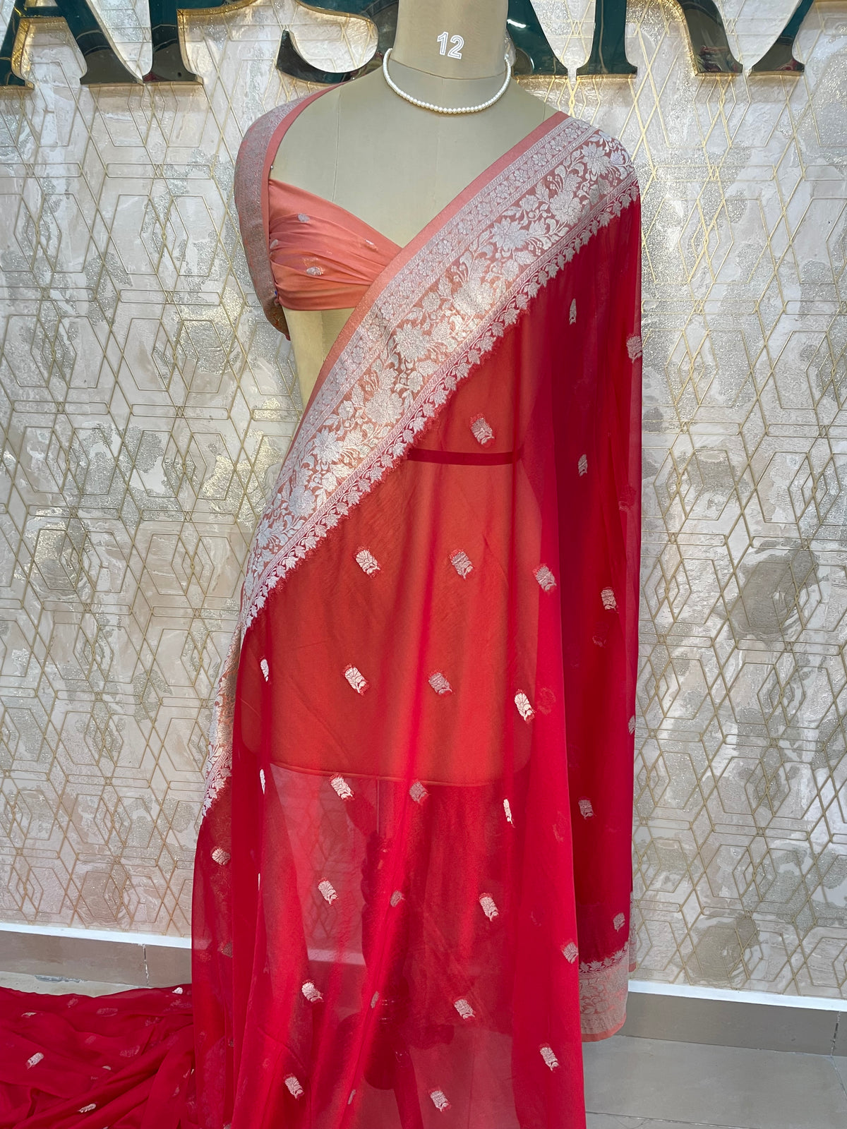 Red n Peach With Silver Zari Semi Chiffon