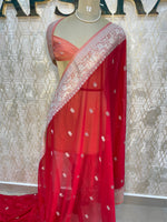 Red n Peach With Silver Zari Semi Chiffon