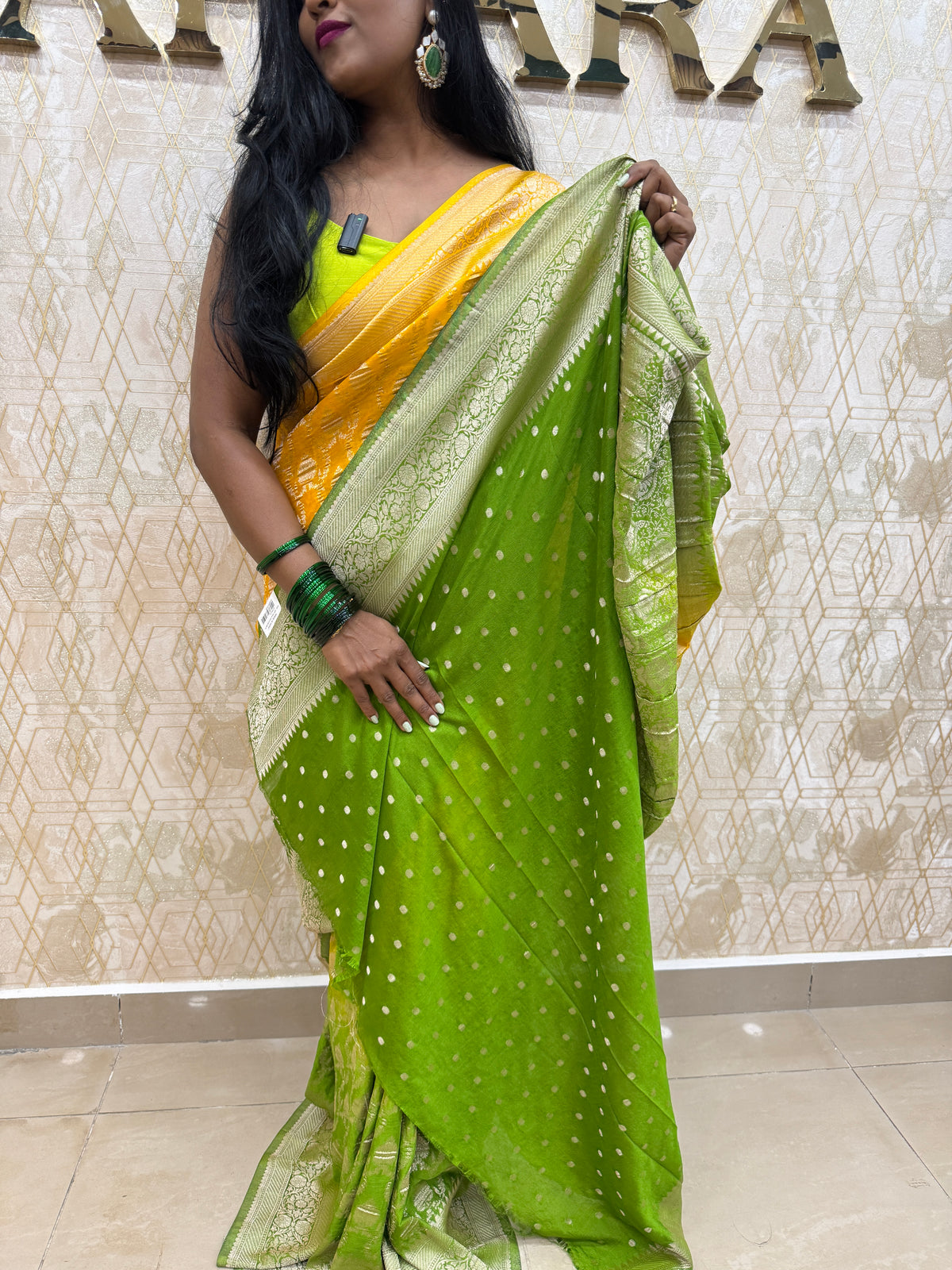 Yellow n Green Khadi Georgette Saree 26