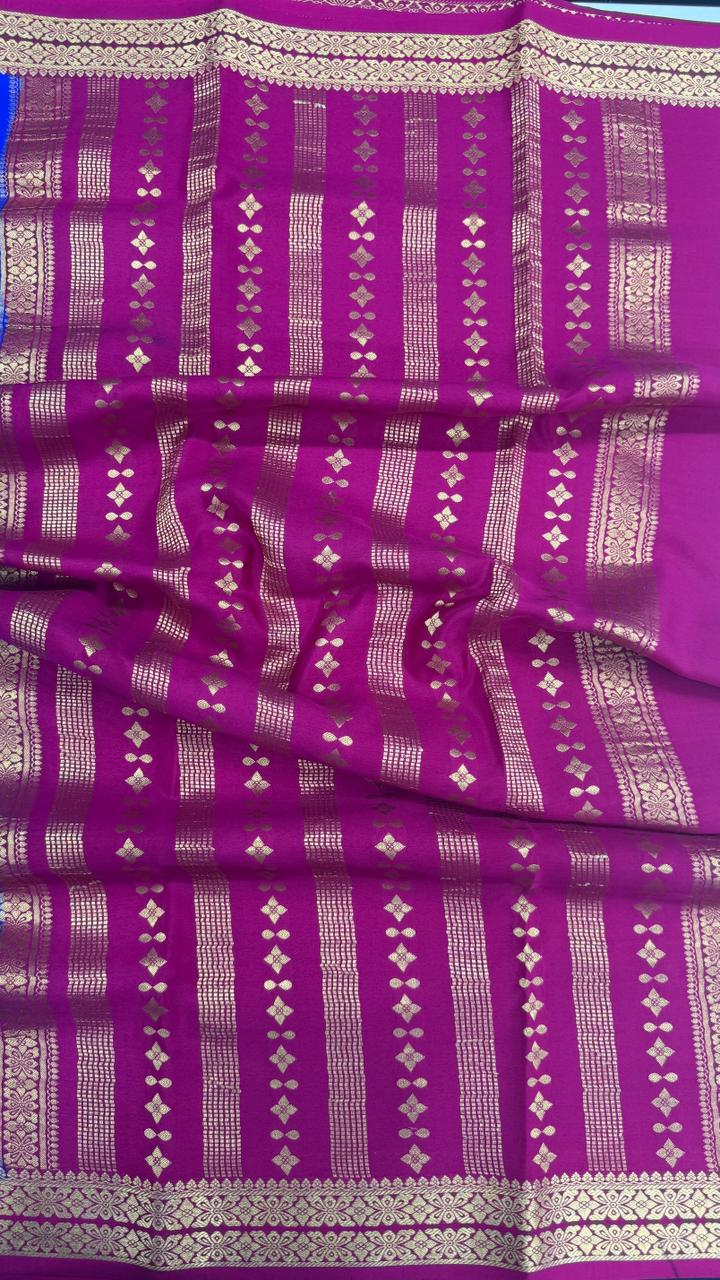 Royal Blue Big Butta Pure Mysore Silk Crepe Saree 01