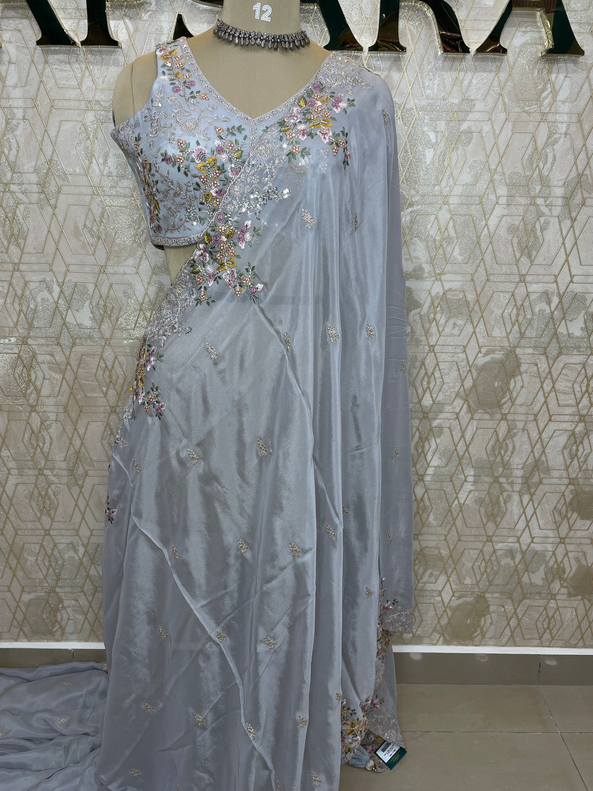 Grey Handwork Stitched Blouse Designer Party Saree 55