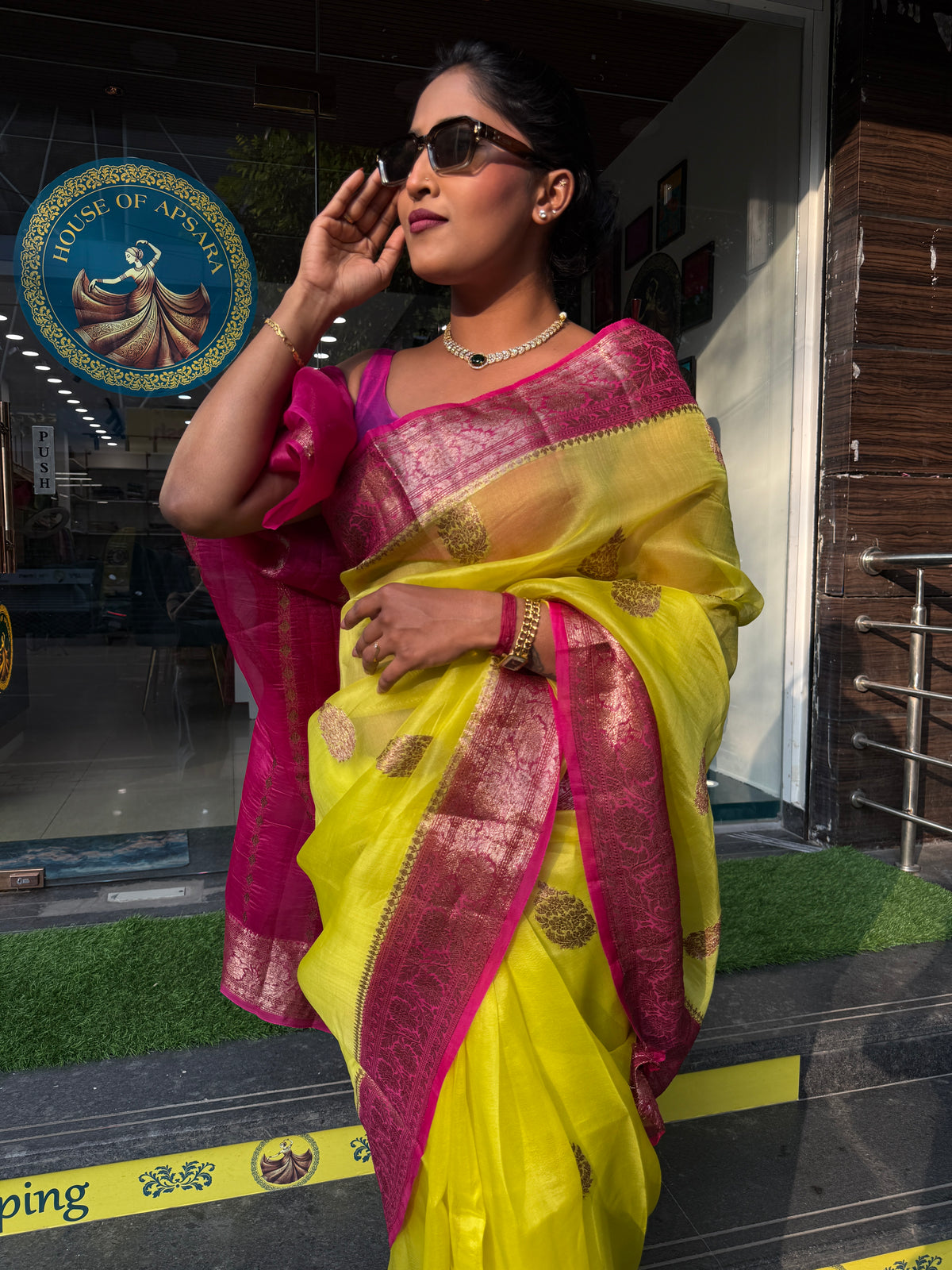 Neon Yellow Pure Kora Organza Antique saree 02
