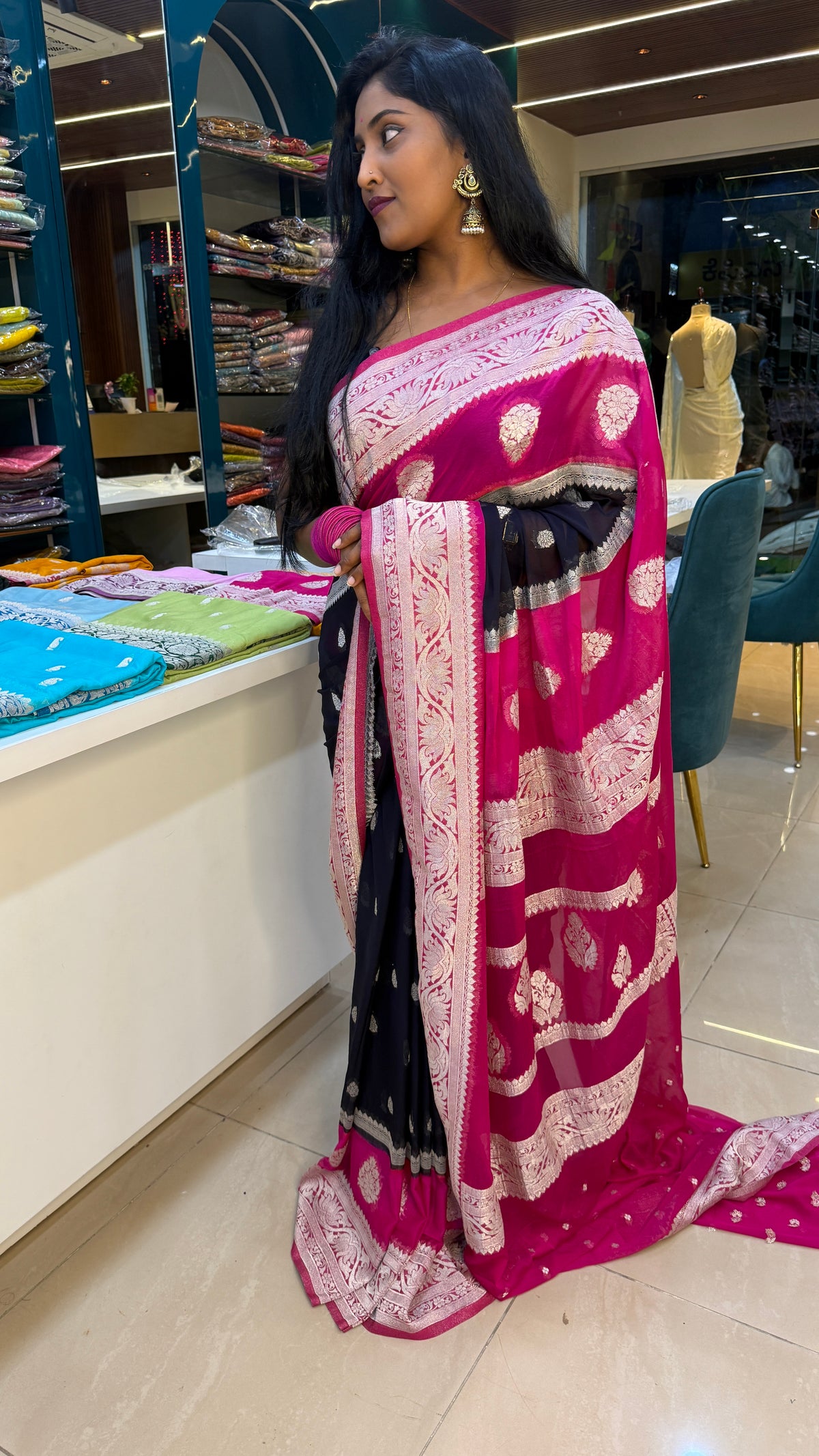 Navy Blue n Pink With Silver Zari Semi Chiffon