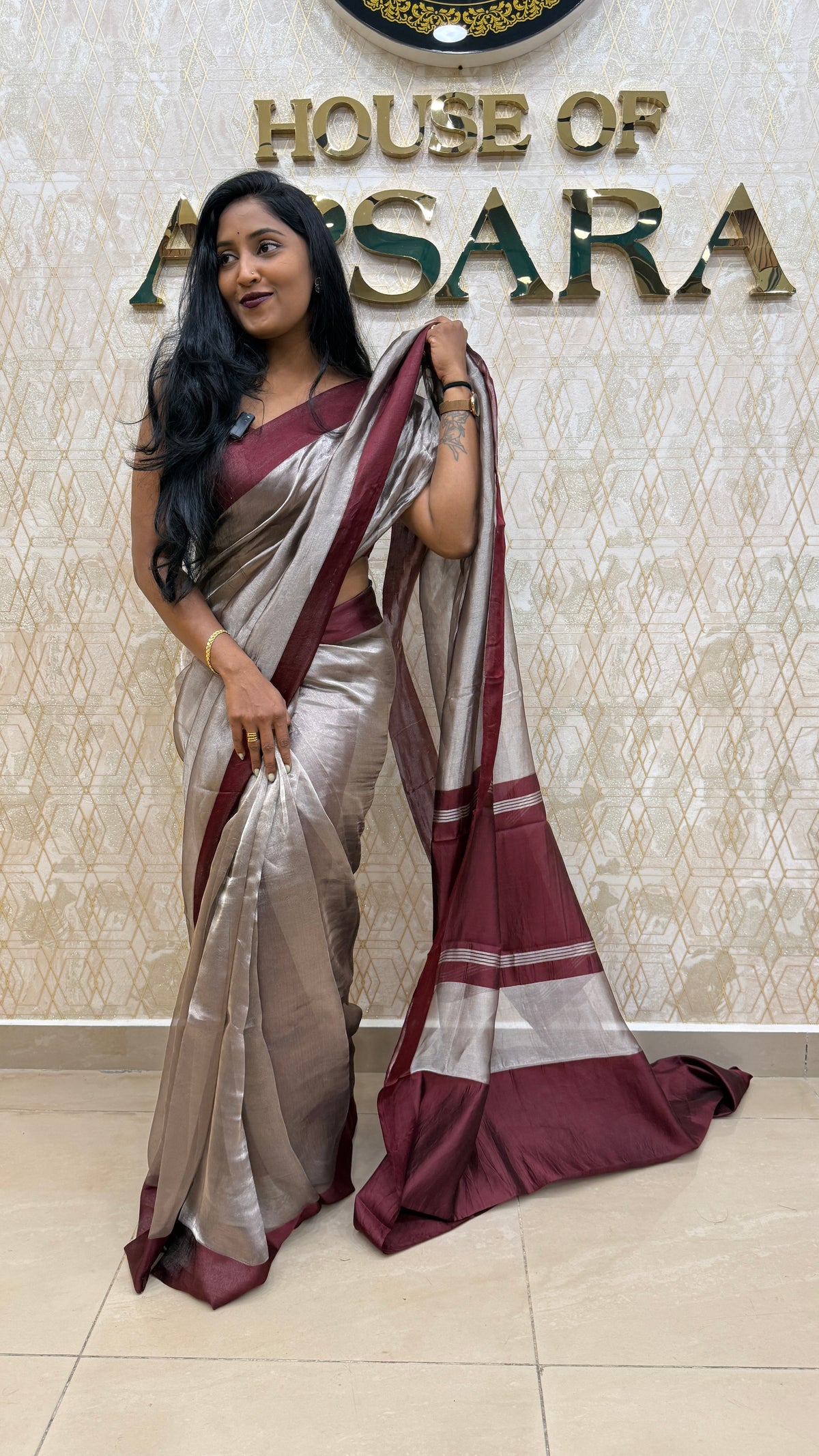 Metallic Silver n Maroon Pure Tissue Organza Saree 11