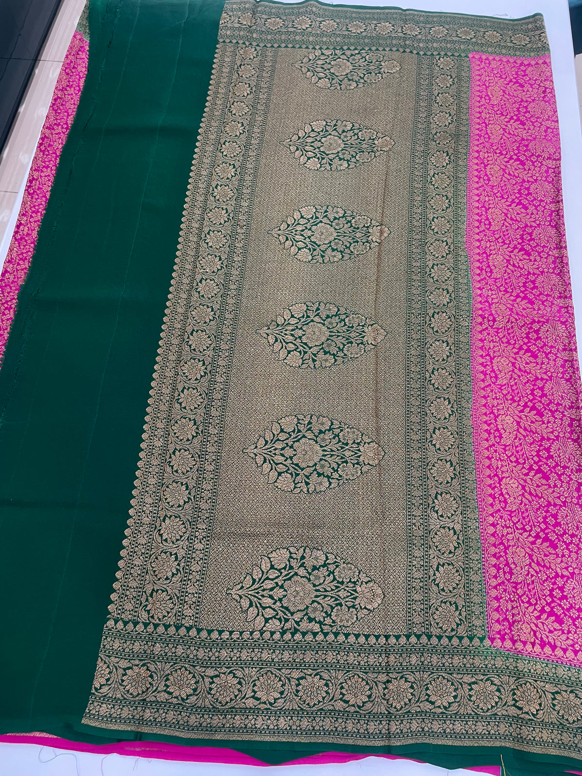 Pink n Green Pure Khadi Banarasi Crepe Saree 06