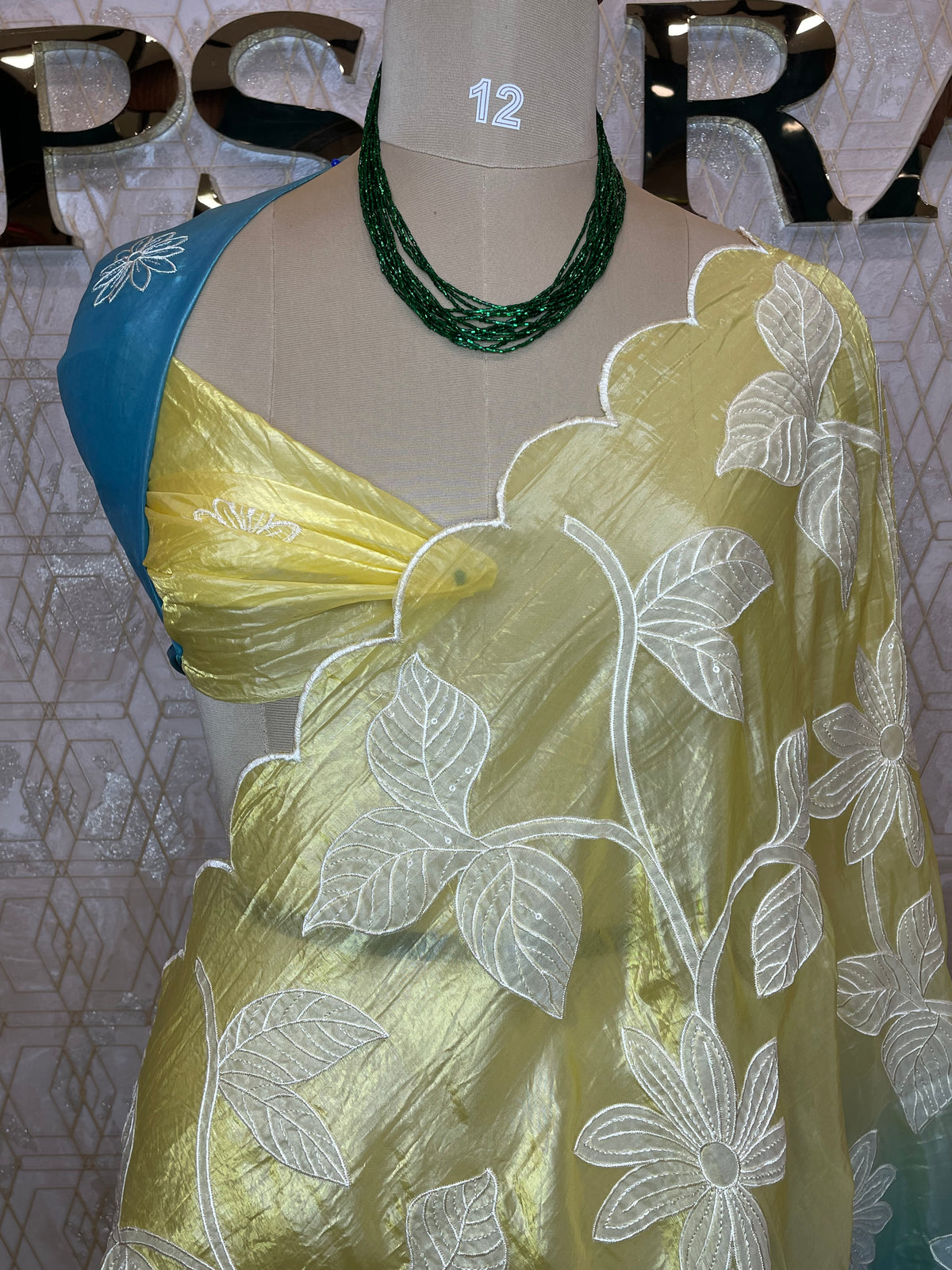 Yellow n Blue Organza Applique Work Saree 20