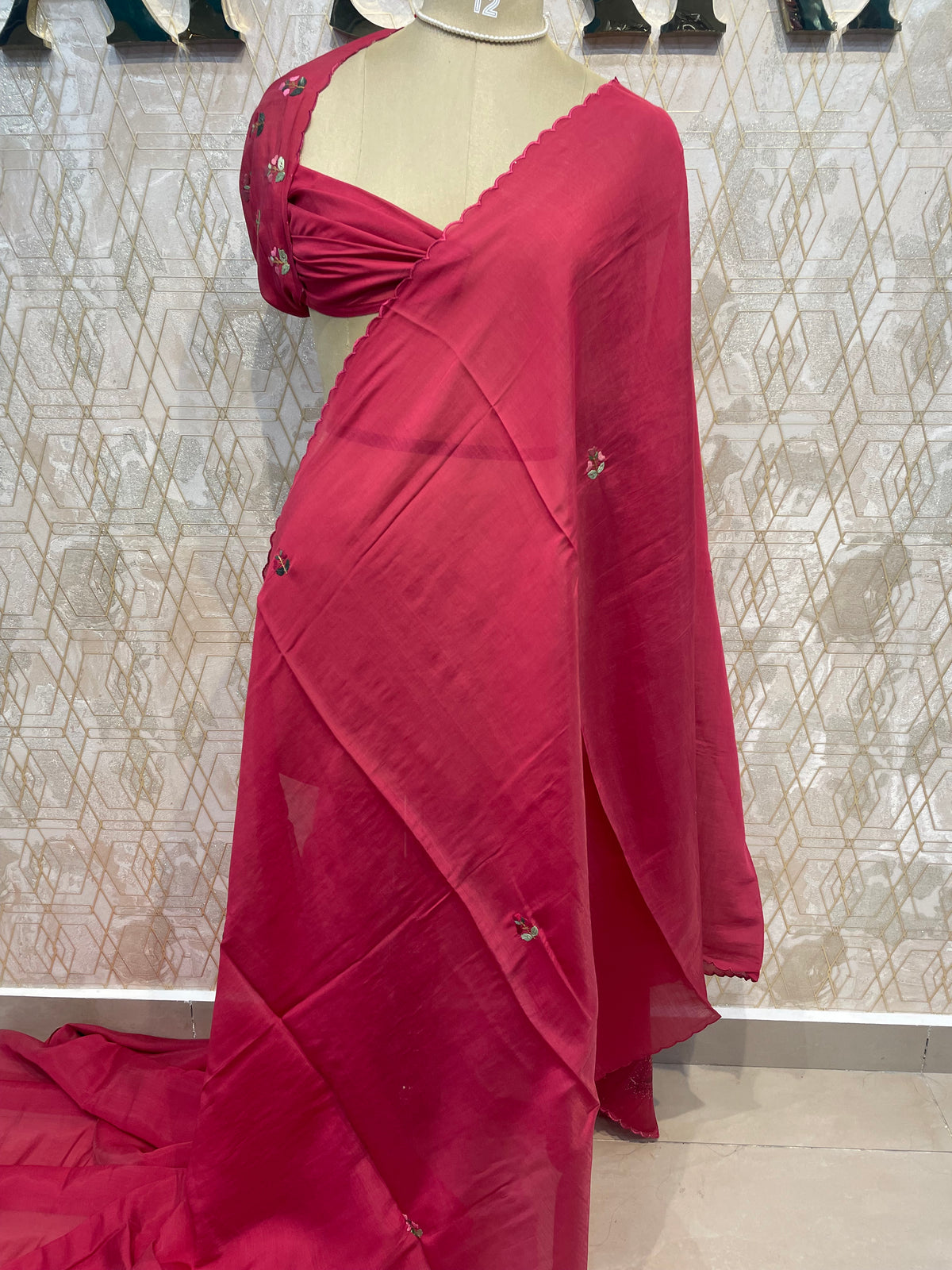 Pink Thread Embroidery Work Mul Chanderi Silk Saree 63
