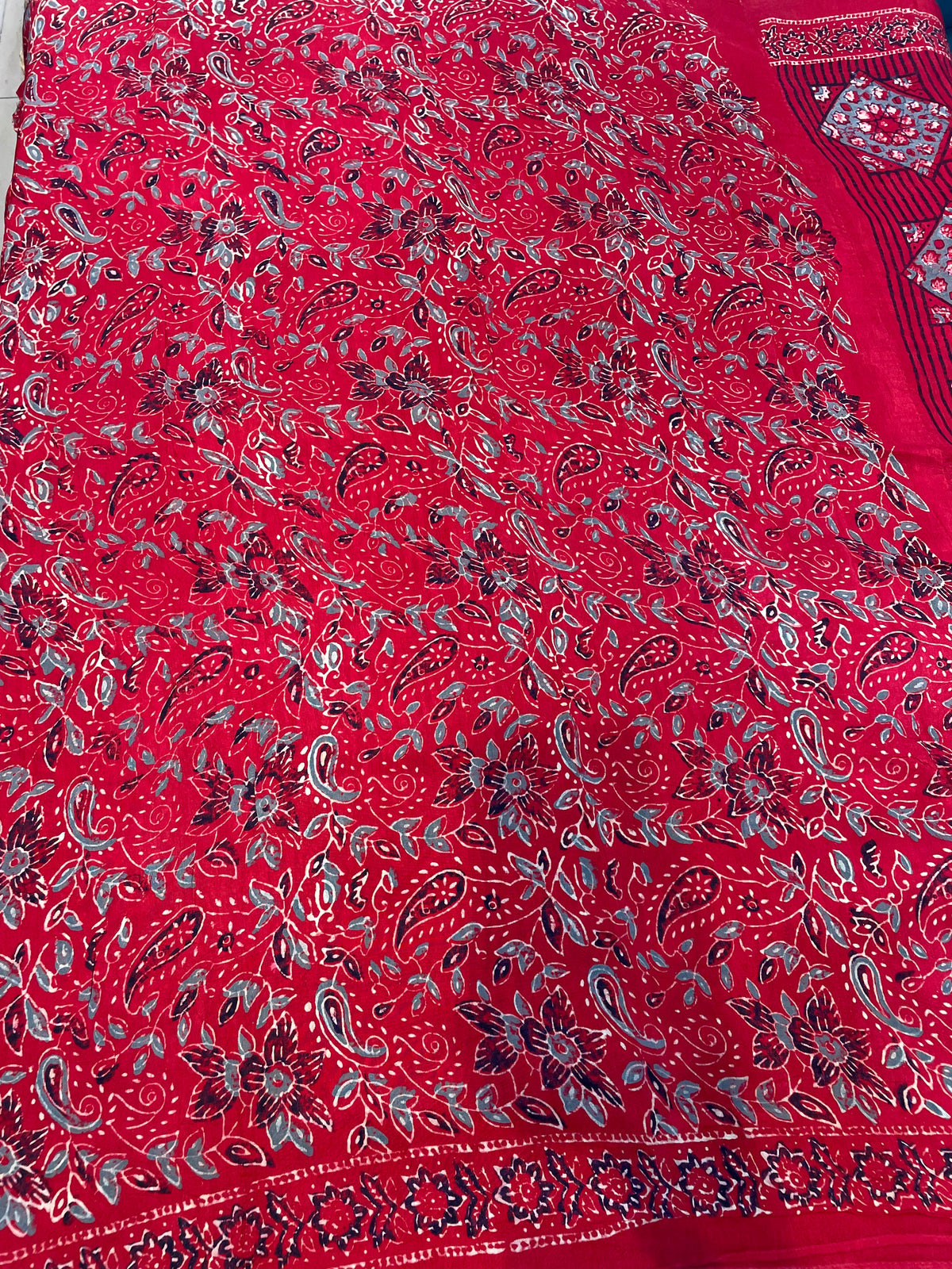 Red Dola Silk Ajrakh Print Saree 18