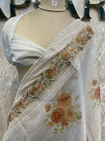 White n Beige Soft Tissue Embroidery With Floral Print Saree 64