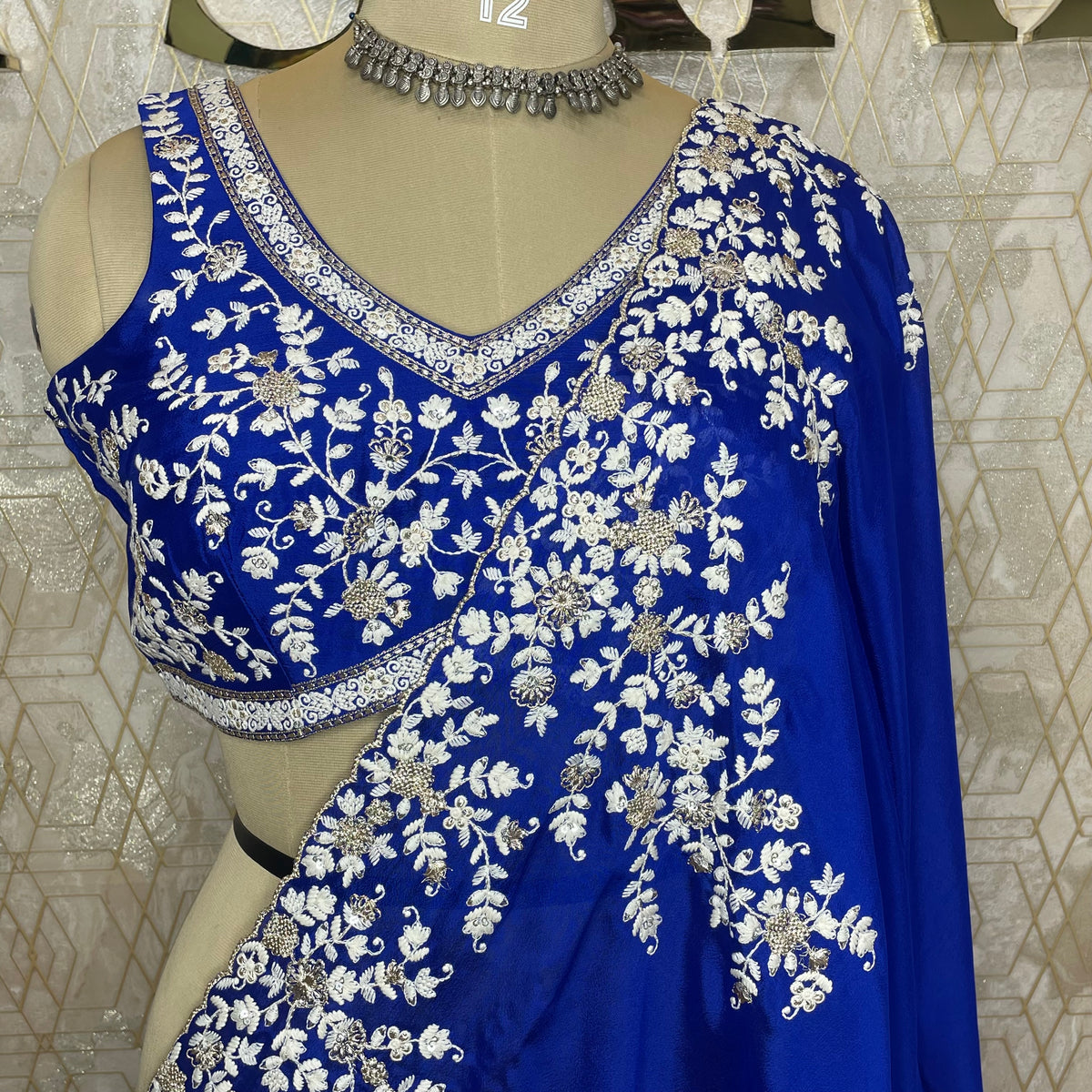 Blue Handwork Stitched Blouse Designer Party Saree 55