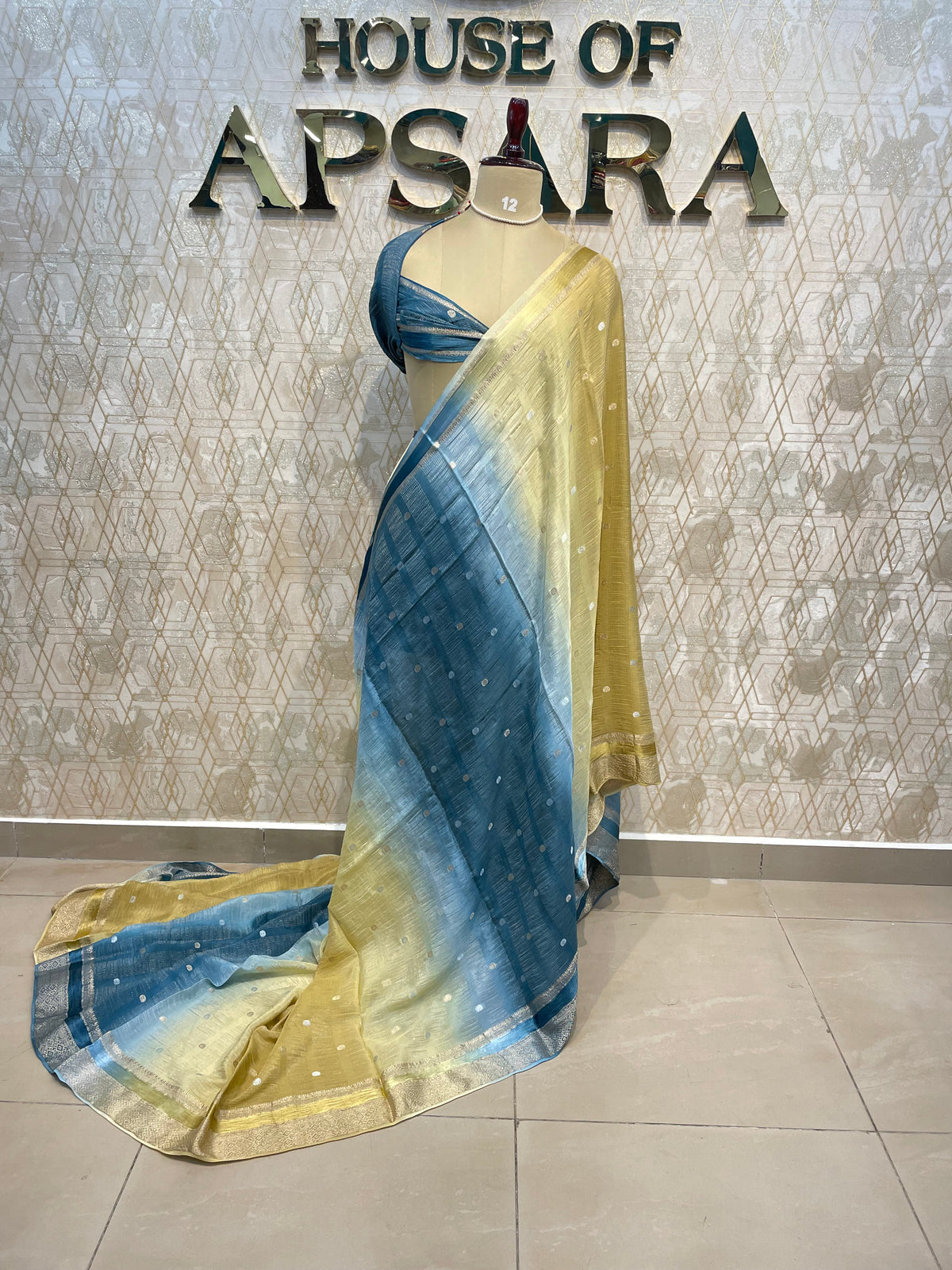 Blue n Gold Wrinkle Chiffon Dual Shade Saree 65