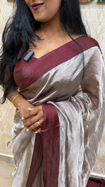 Metallic Silver n Maroon Pure Tissue Organza Saree 11