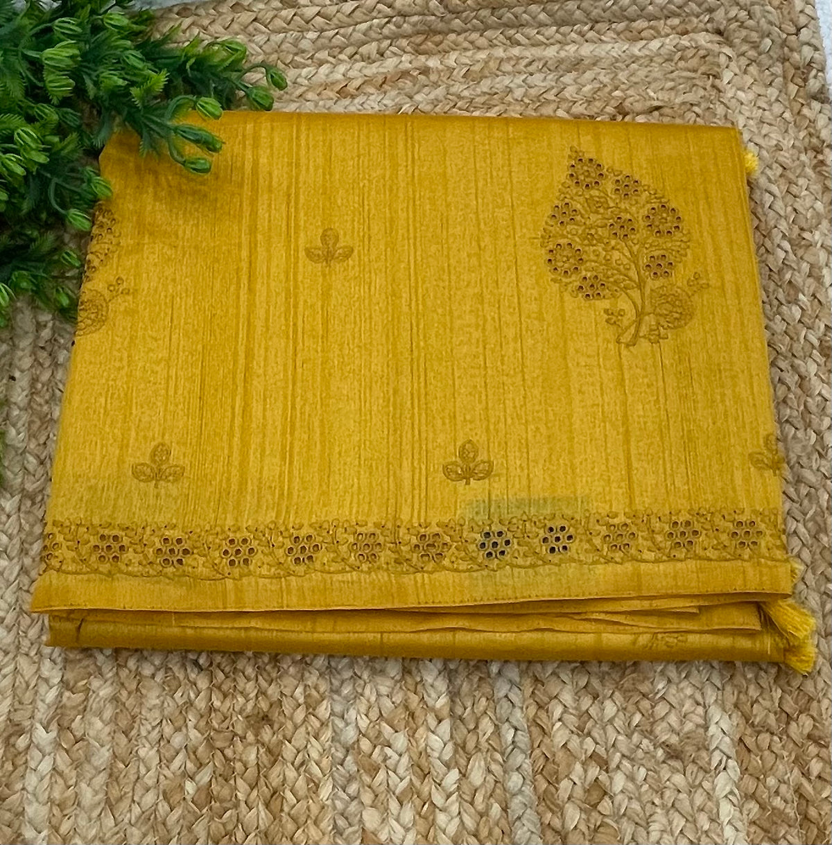 Yellow Soft Tussur Hakkoba Embroidery Saree 21