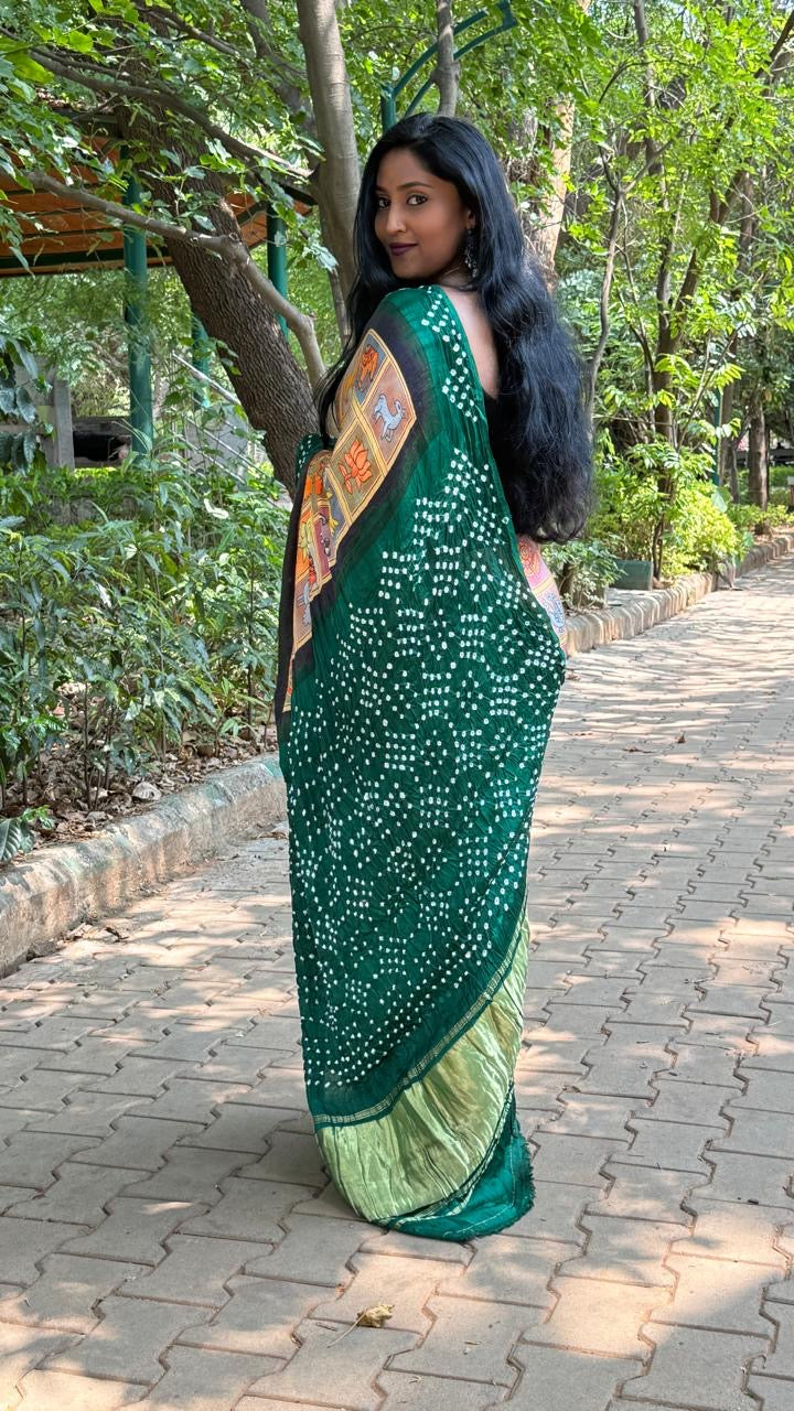 Gold n Green Pure Modal Silk Kalamkari Print Saree 05