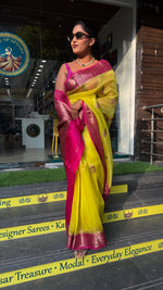 Neon Yellow Pure Kora Organza Antique saree 02