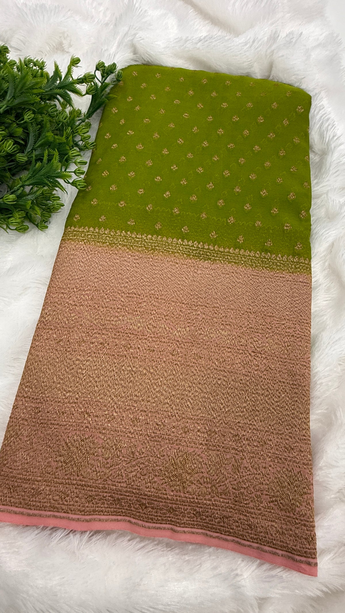 Green n baby pink Pure Khadi Georgette Saree 04