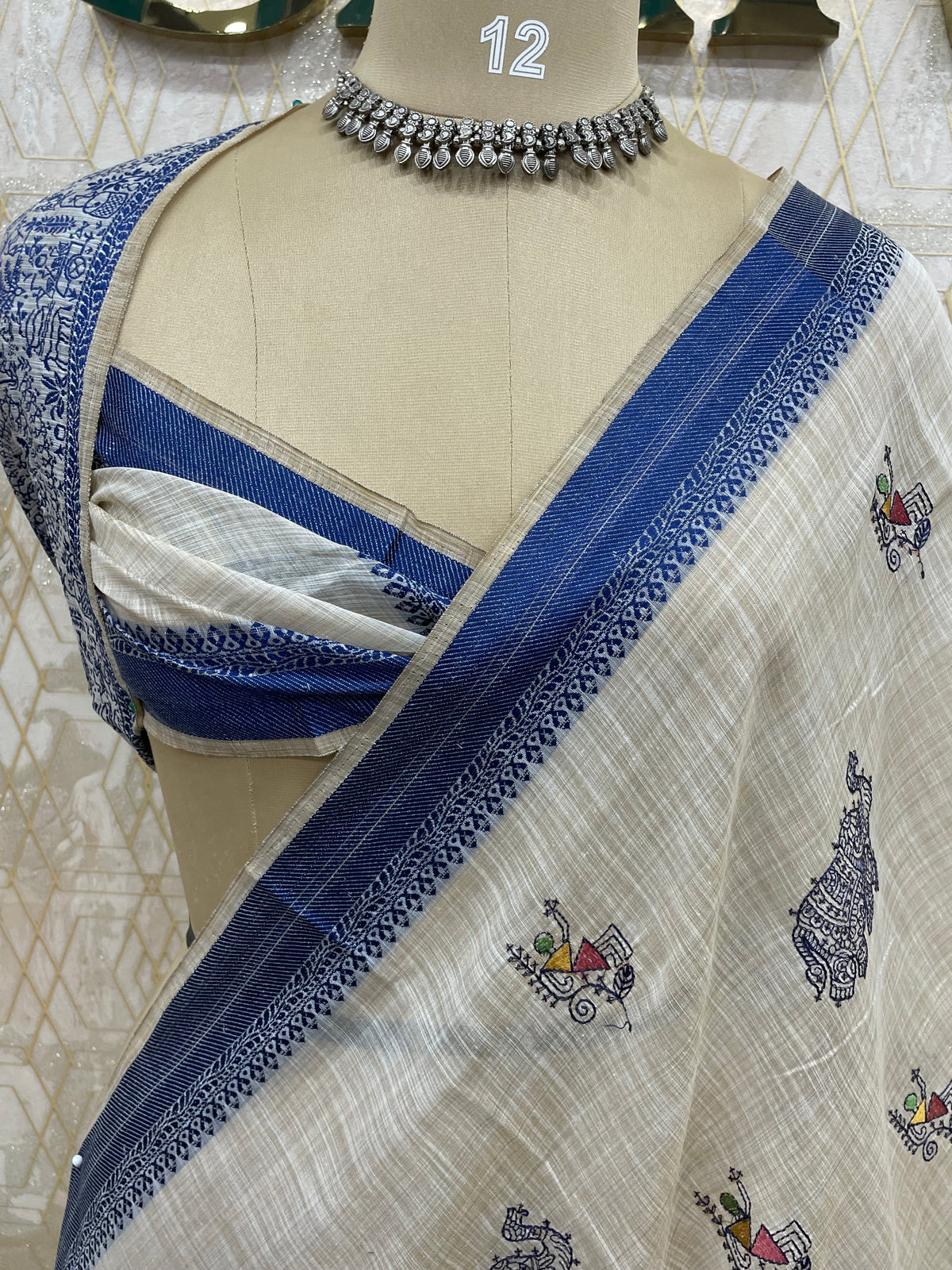 Cream n Blue Lenin Saree 52
